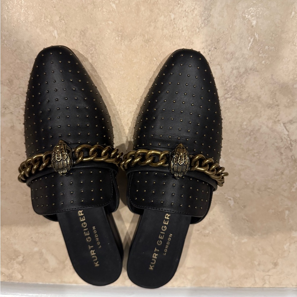 Kurt Geiger Black Mules with Gold Chain Detail